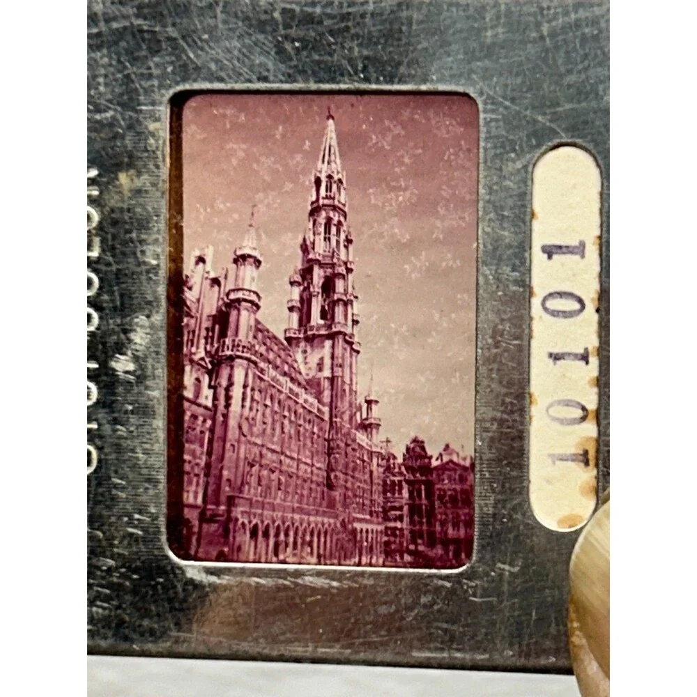Vtg Stop Color Tin And Glass 5 Lantern Slides Brussels Buldings Made In Belgium